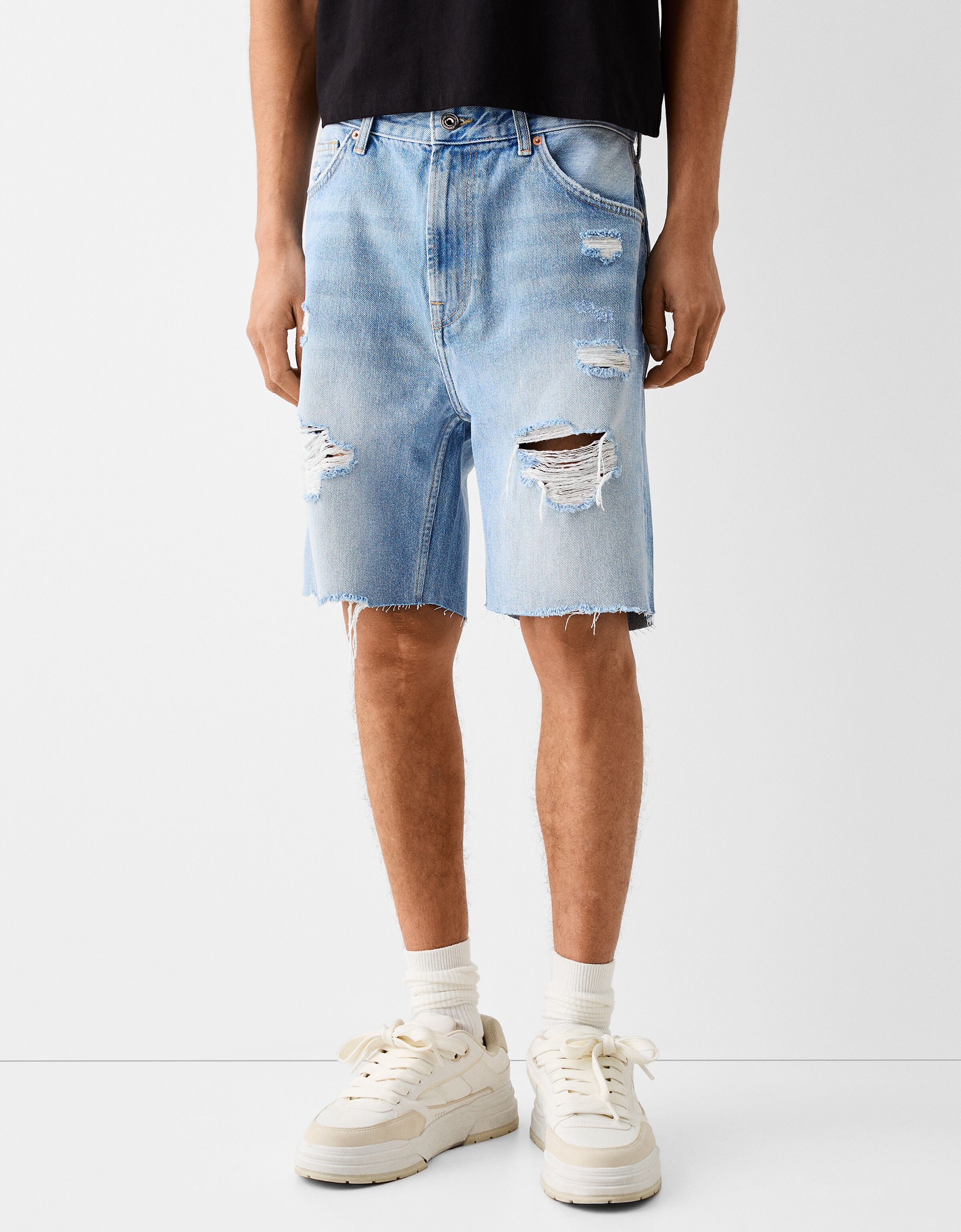 Ripped denim Bermuda shorts Men Bershka