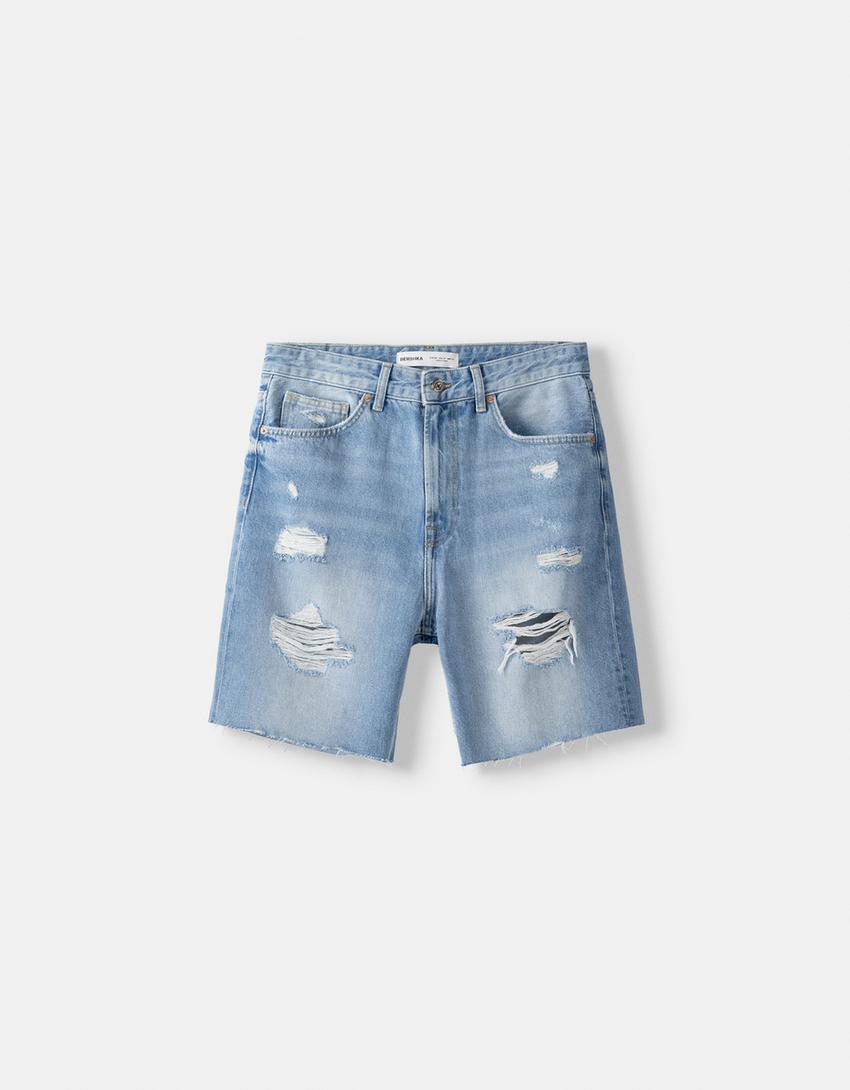 Calções bermuda de ganga com rasgões-Azul lavado-4