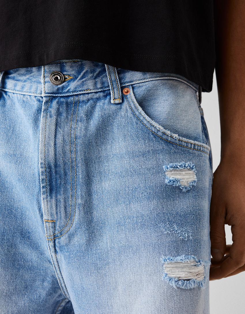 Calções bermuda de ganga com rasgões-Azul lavado-5