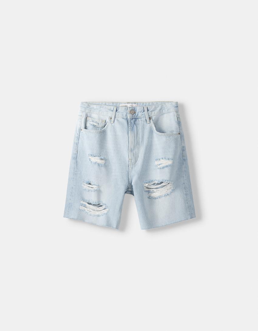 Calções bermuda de ganga com rasgões-Azul claro-4