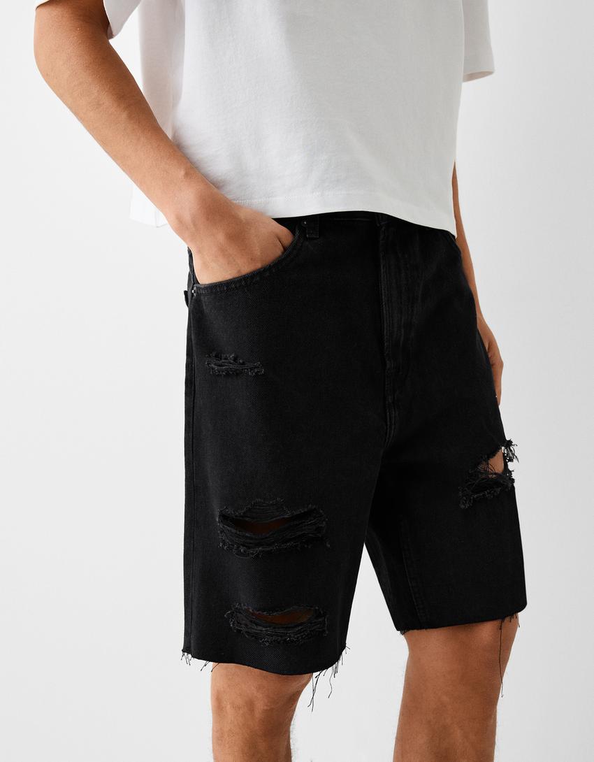 Calções bermuda de ganga com rasgões-Preto-3