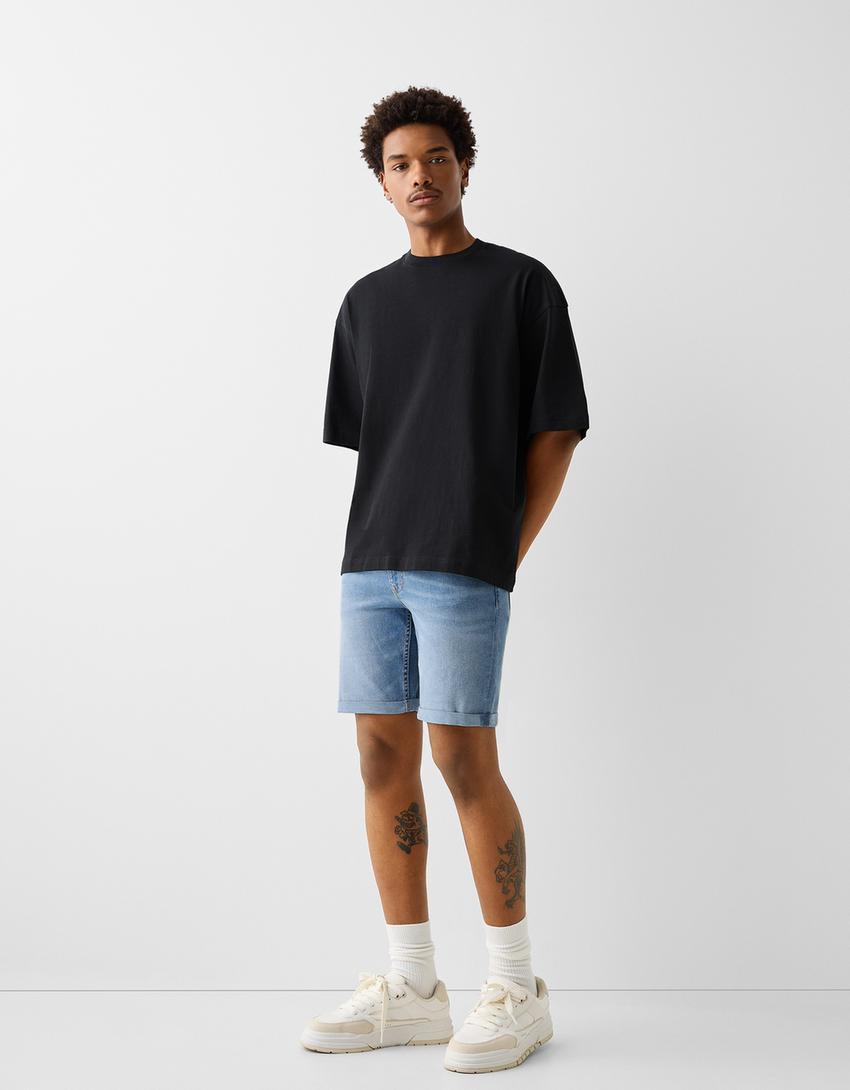 Bermuda denim retroussé-Bleu lavé-0