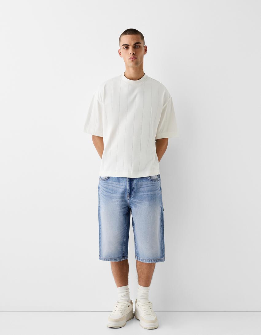 Bermuda denim super baggy broderie-Bleu lavé-3