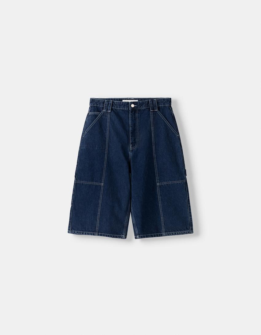 Calções bermuda denim baggy carpinteiro-Azul lavado-5