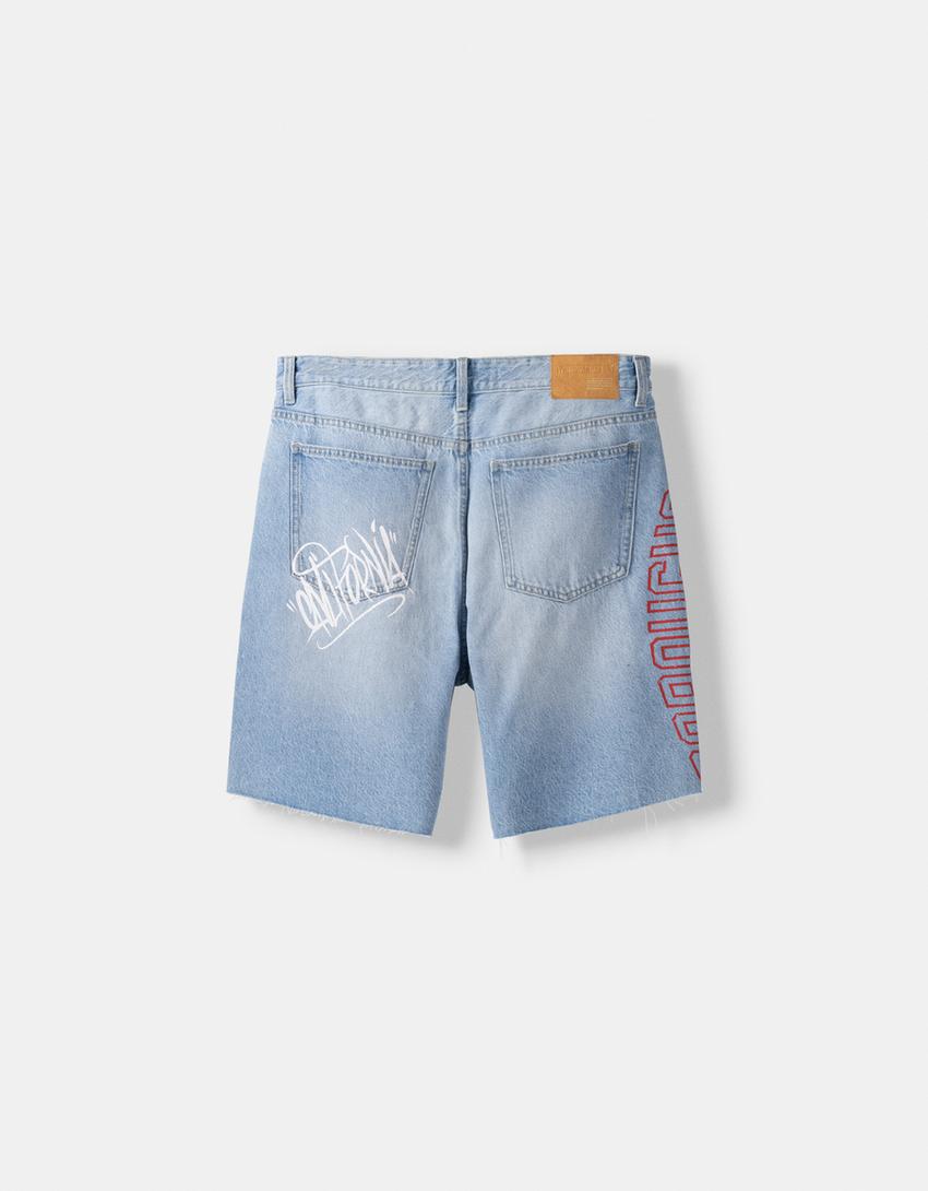 Denim short met print-Gewassen blauw-5