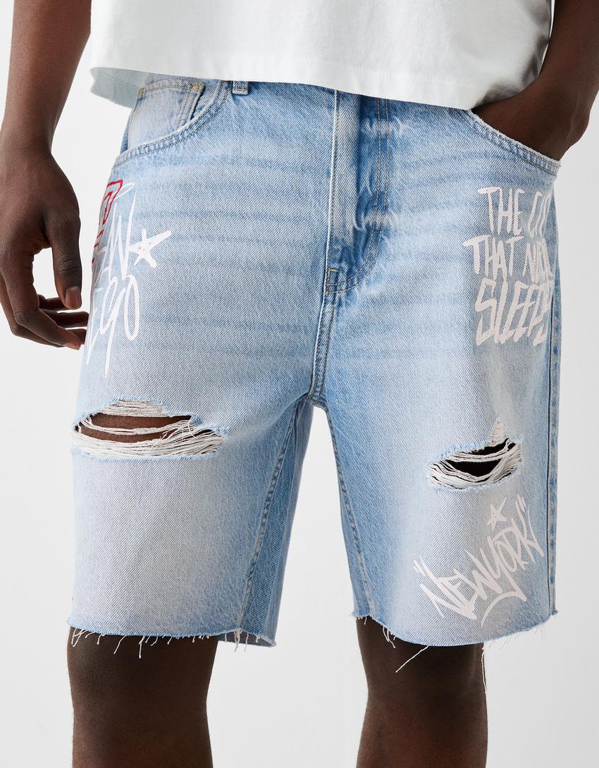 Denim short met print-Gewassen blauw-3