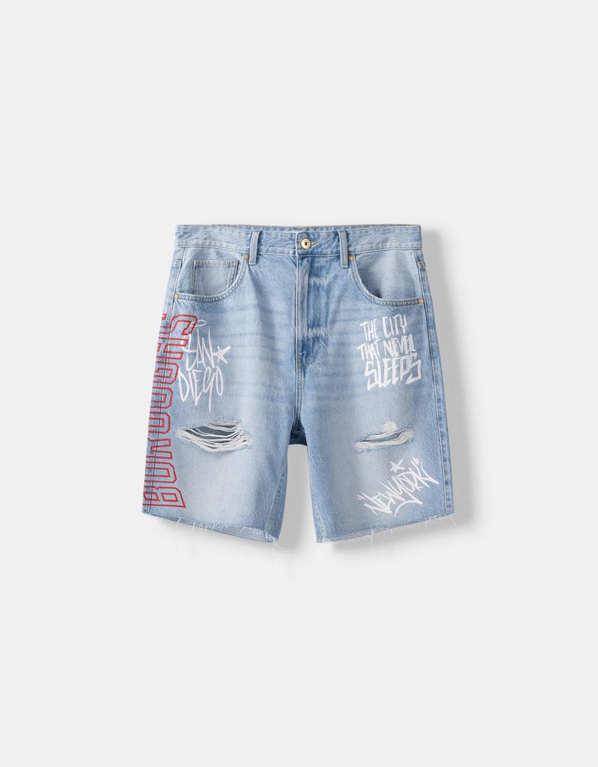 Denim short met print-Gewassen blauw-4