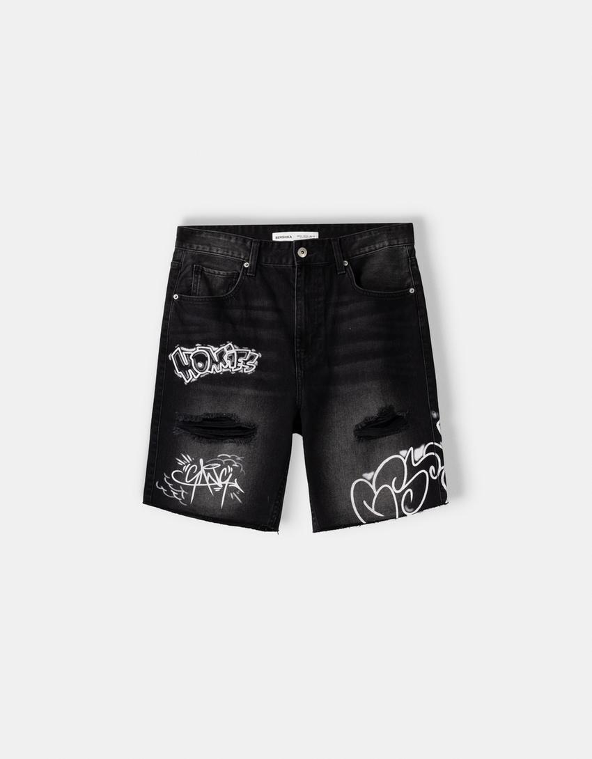 شورت برمودا دنيم بطبعة-أسود-4