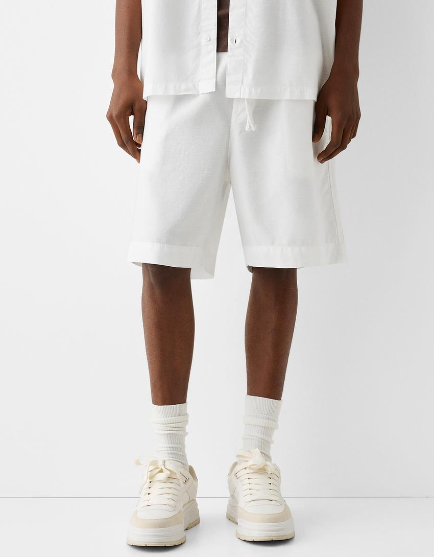 Rustic wide-leg Bermuda shorts-Off white-1