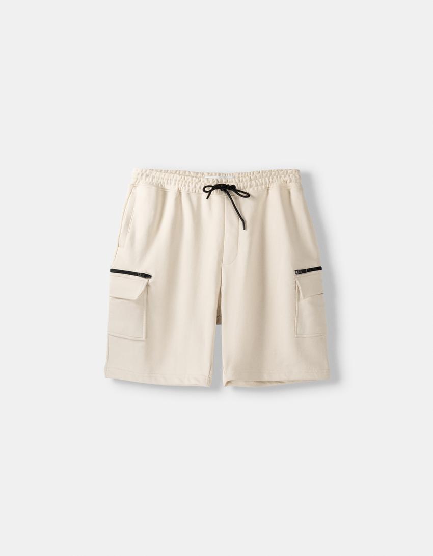 Calções bermuda cargo felpa-Areia-4