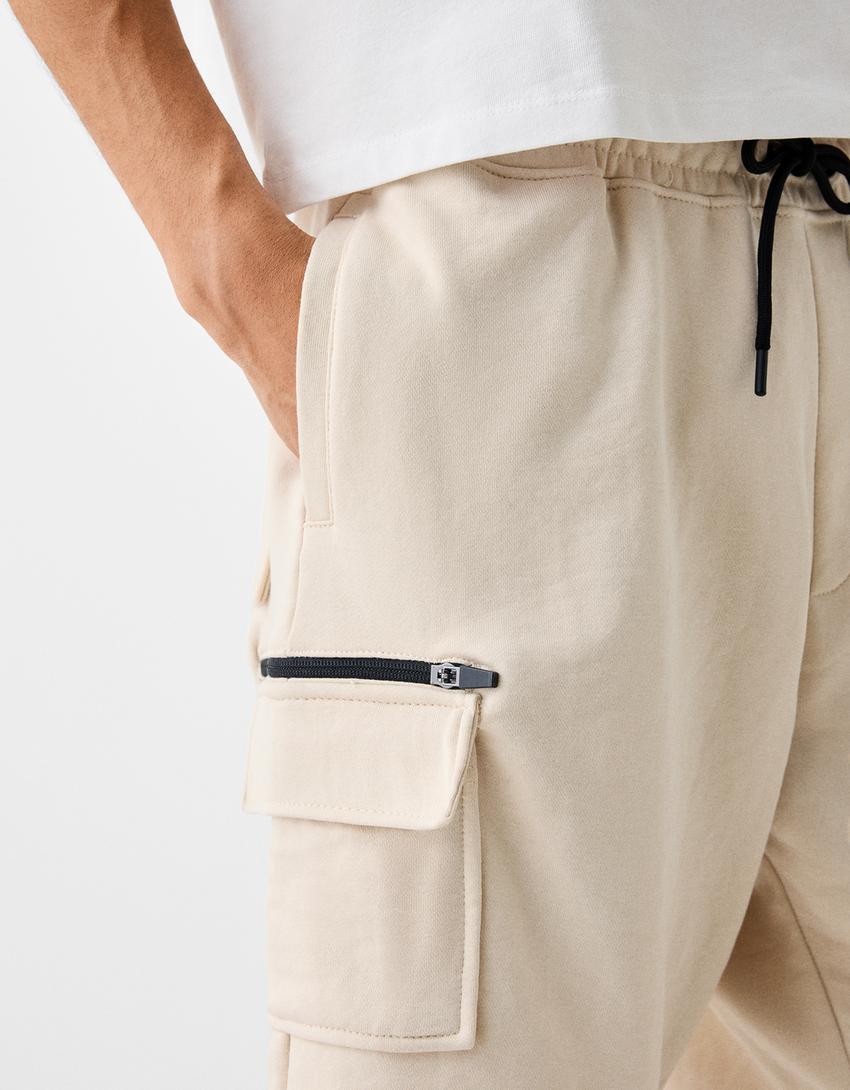 Calções bermuda cargo felpa-Areia-5