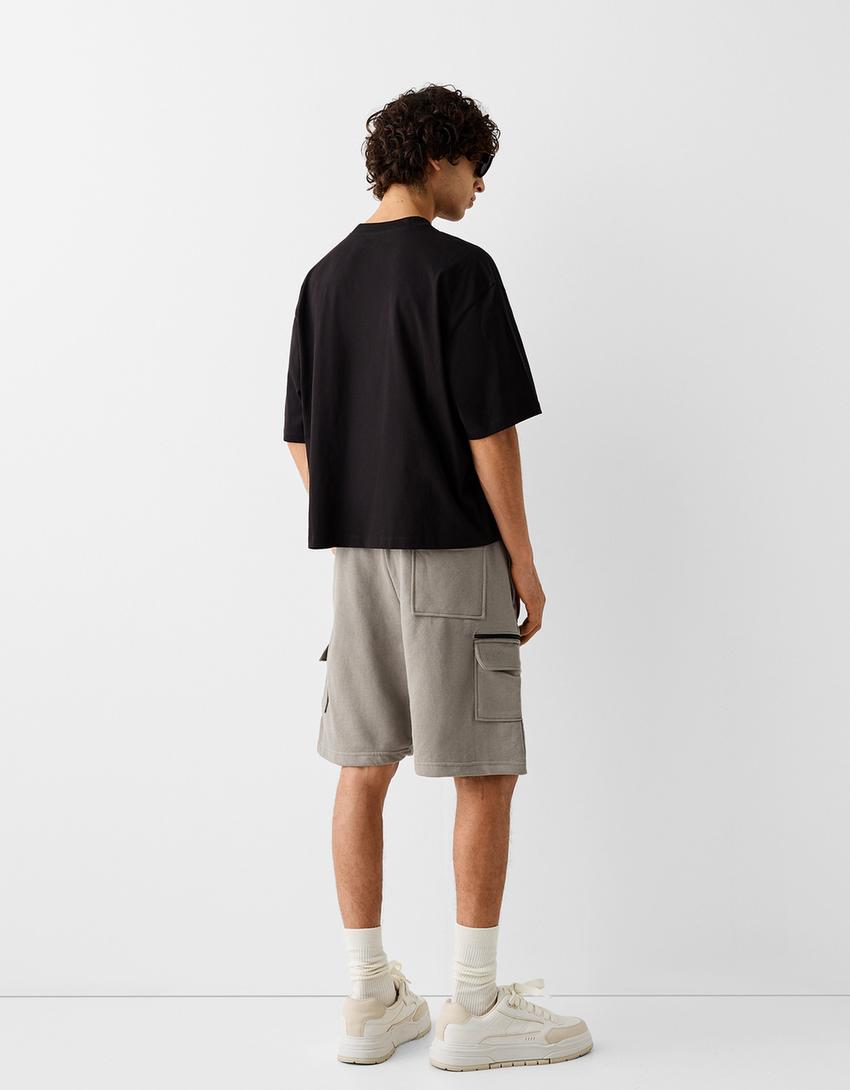 Calções bermuda cargo felpa-Cinza-2