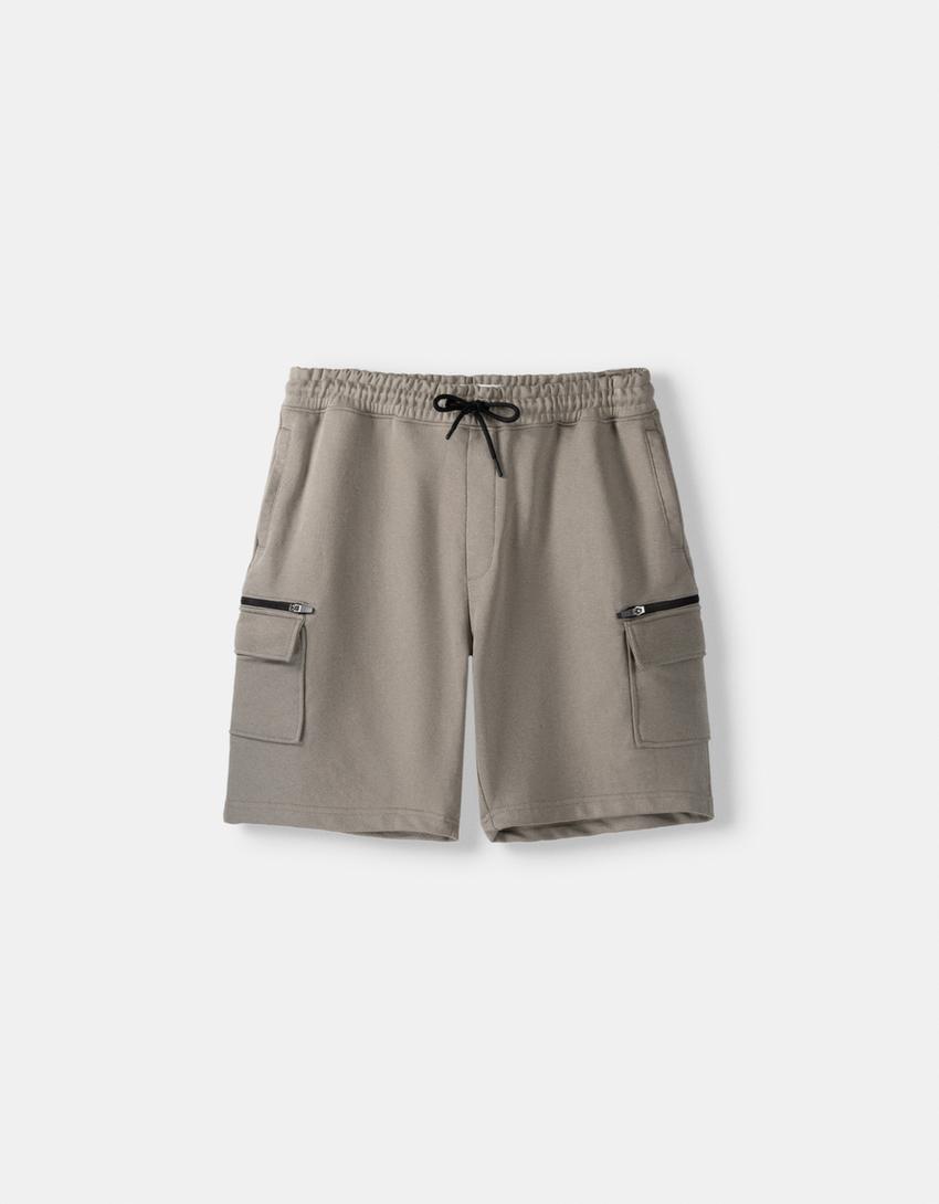 Calções bermuda cargo felpa-Cinza-4