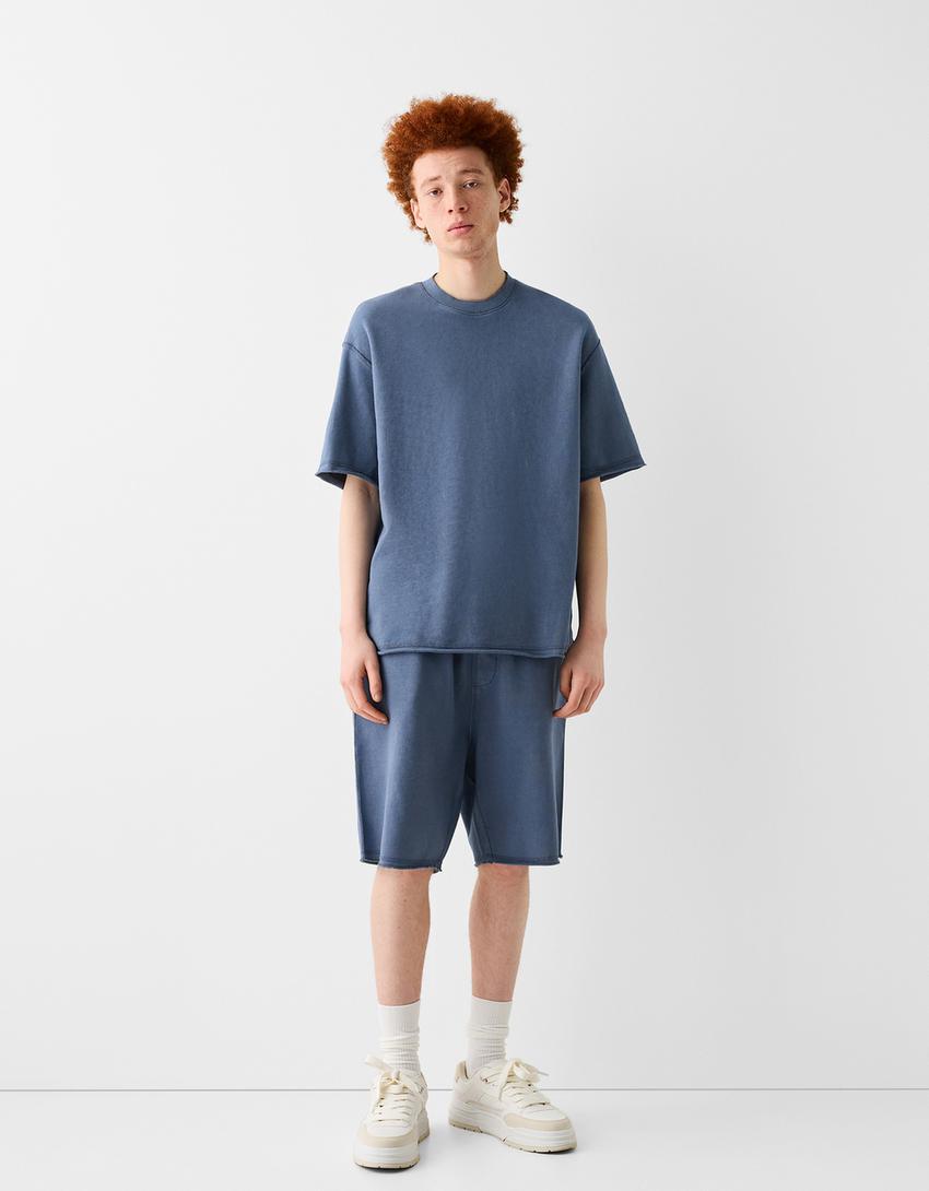 Soluk efektli pamuklu bermuda şort-Koyu mavi-0