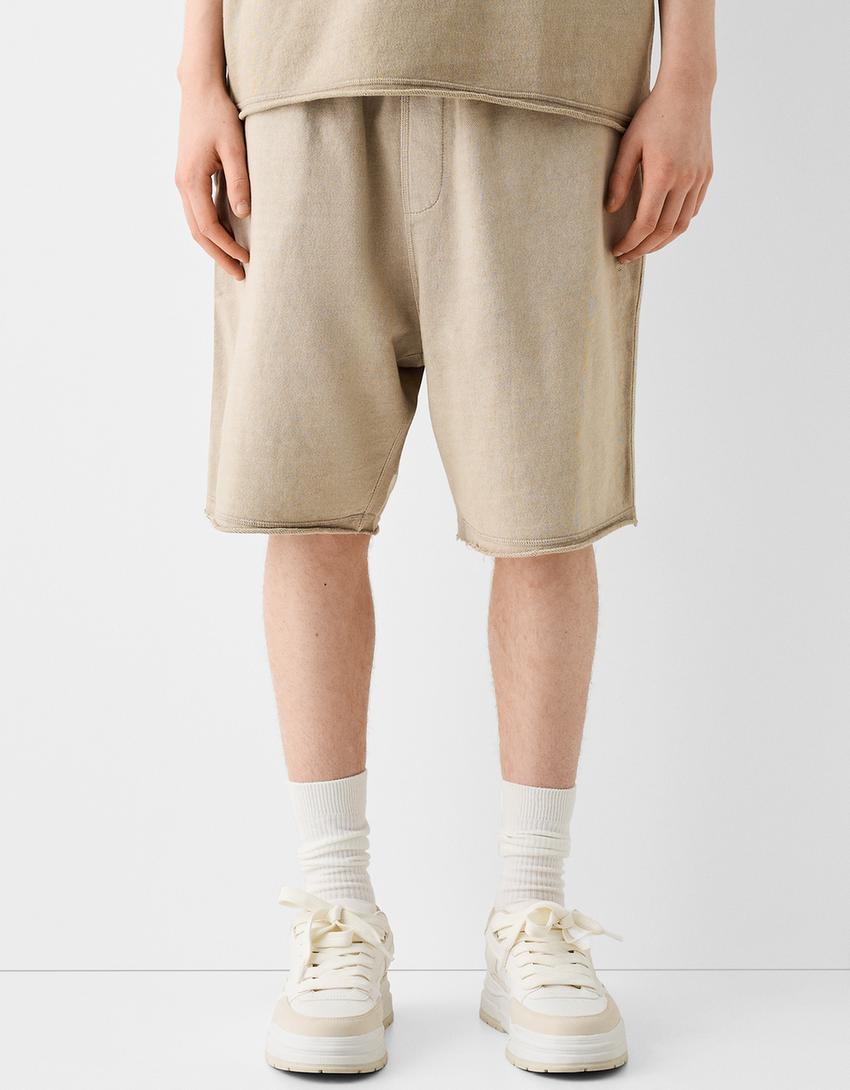 Soluk efektli pamuklu bermuda şort-Deve tüyü rengi-1