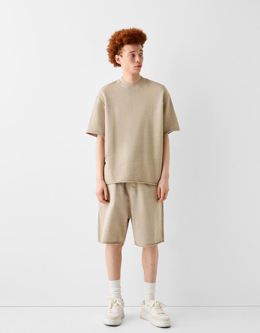 Soluk efektli pamuklu bermuda şort-Deve tüyü rengi-0