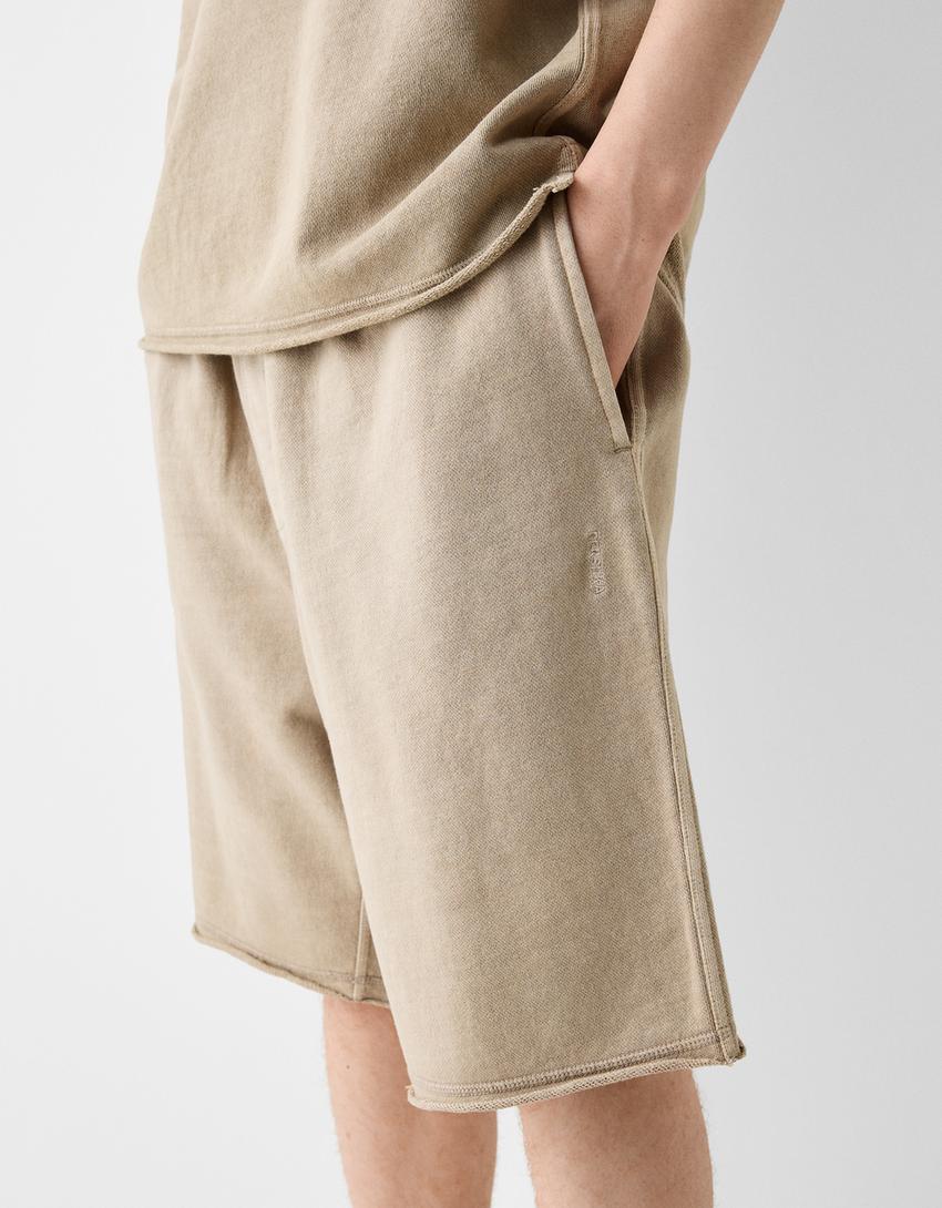 Soluk efektli pamuklu bermuda şort-Deve tüyü rengi-3