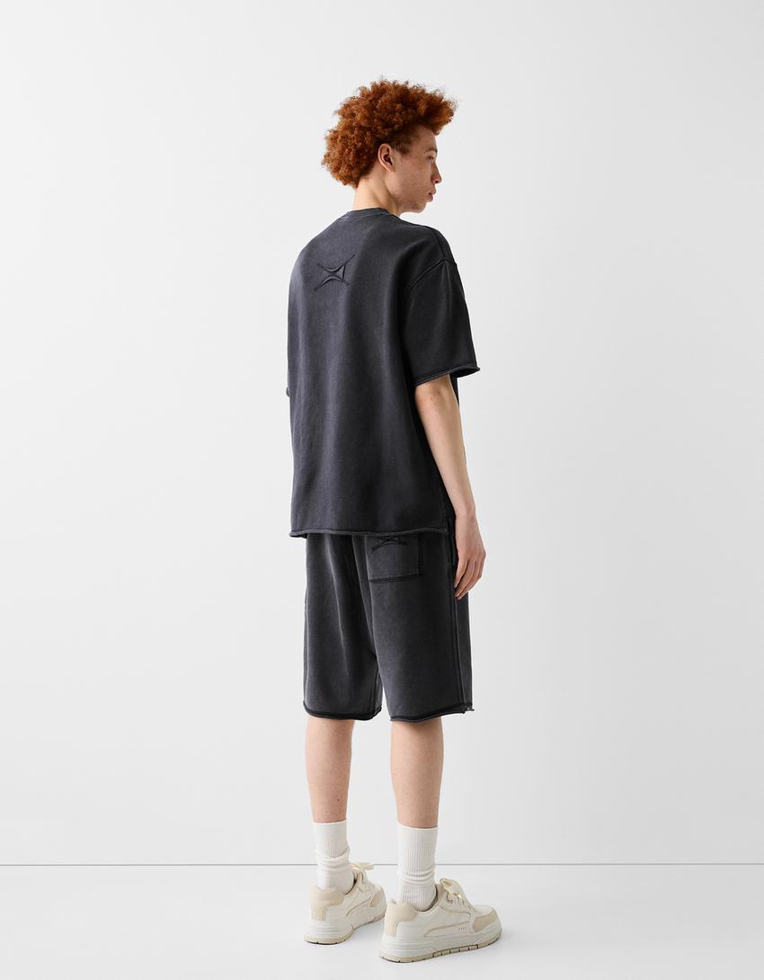 Soluk efektli pamuklu bermuda şort-Siyah-2