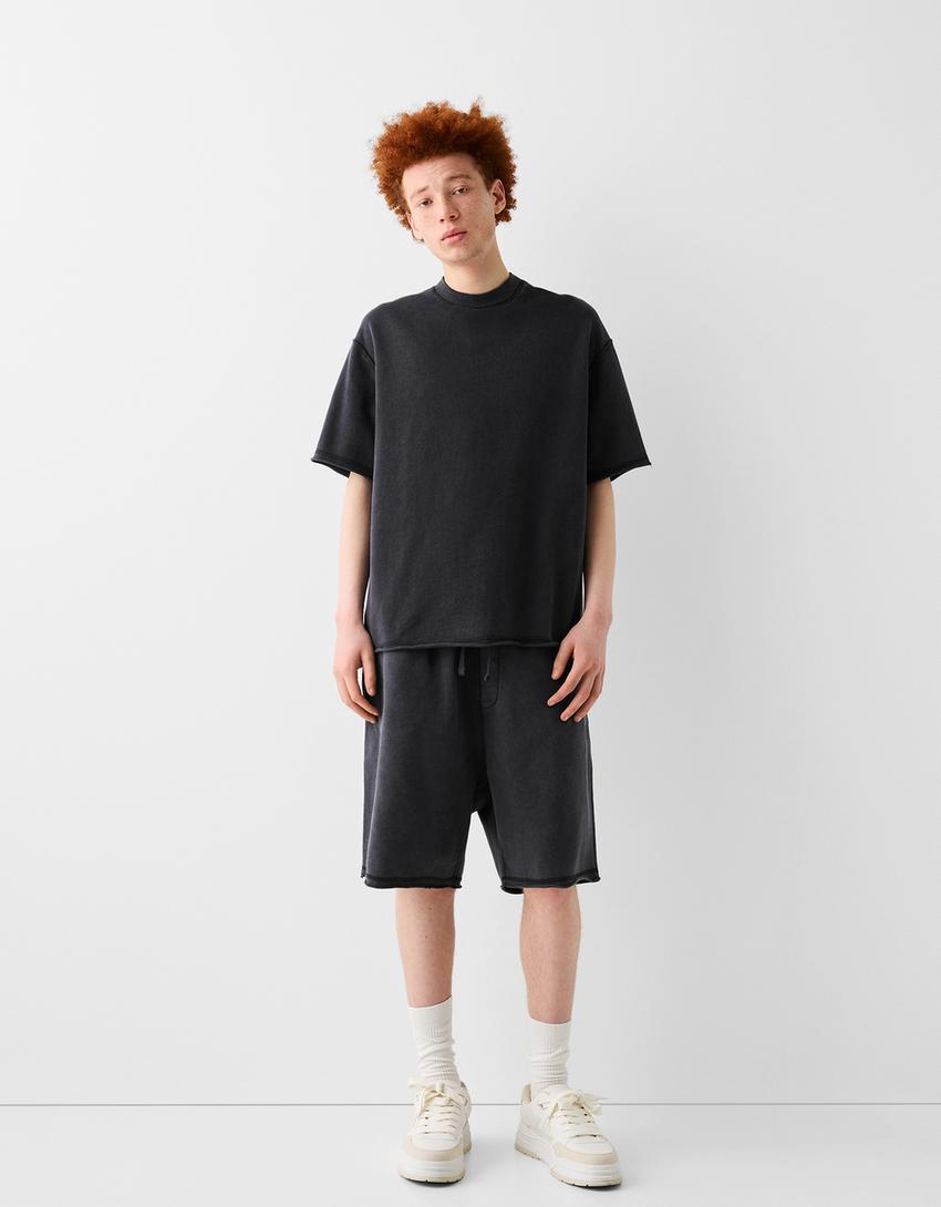 Soluk efektli pamuklu bermuda şort-Siyah-0