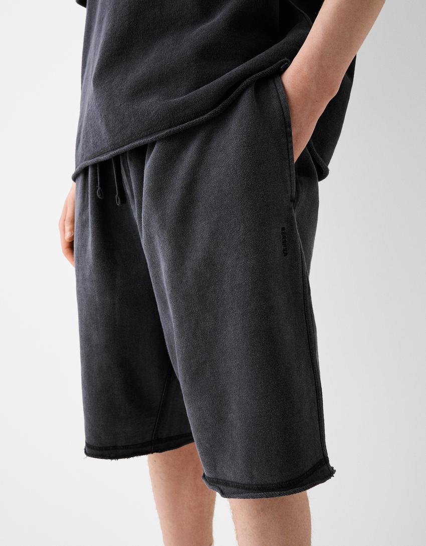 Soluk efektli pamuklu bermuda şort-Siyah-3