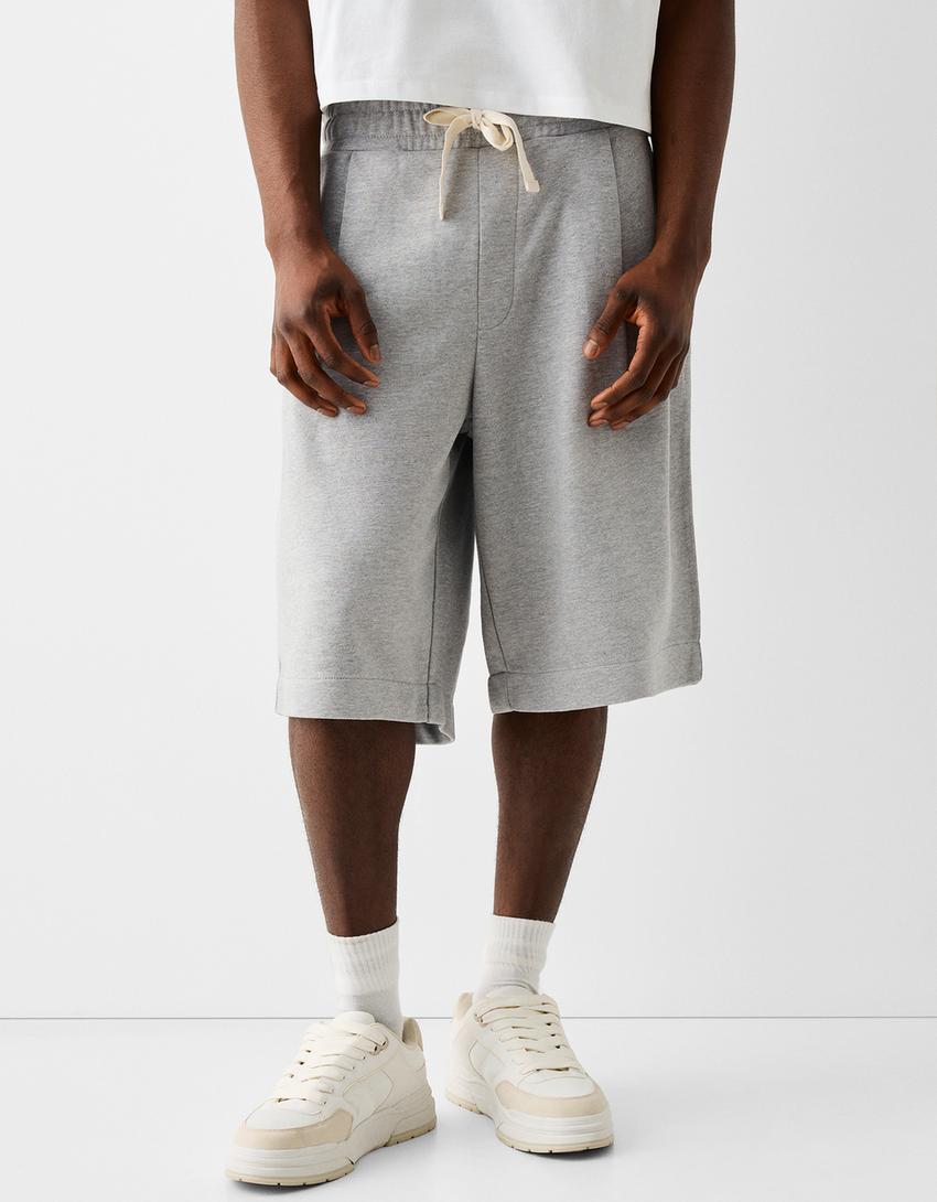 Calções bermuda baggy pinças-Cinza-0