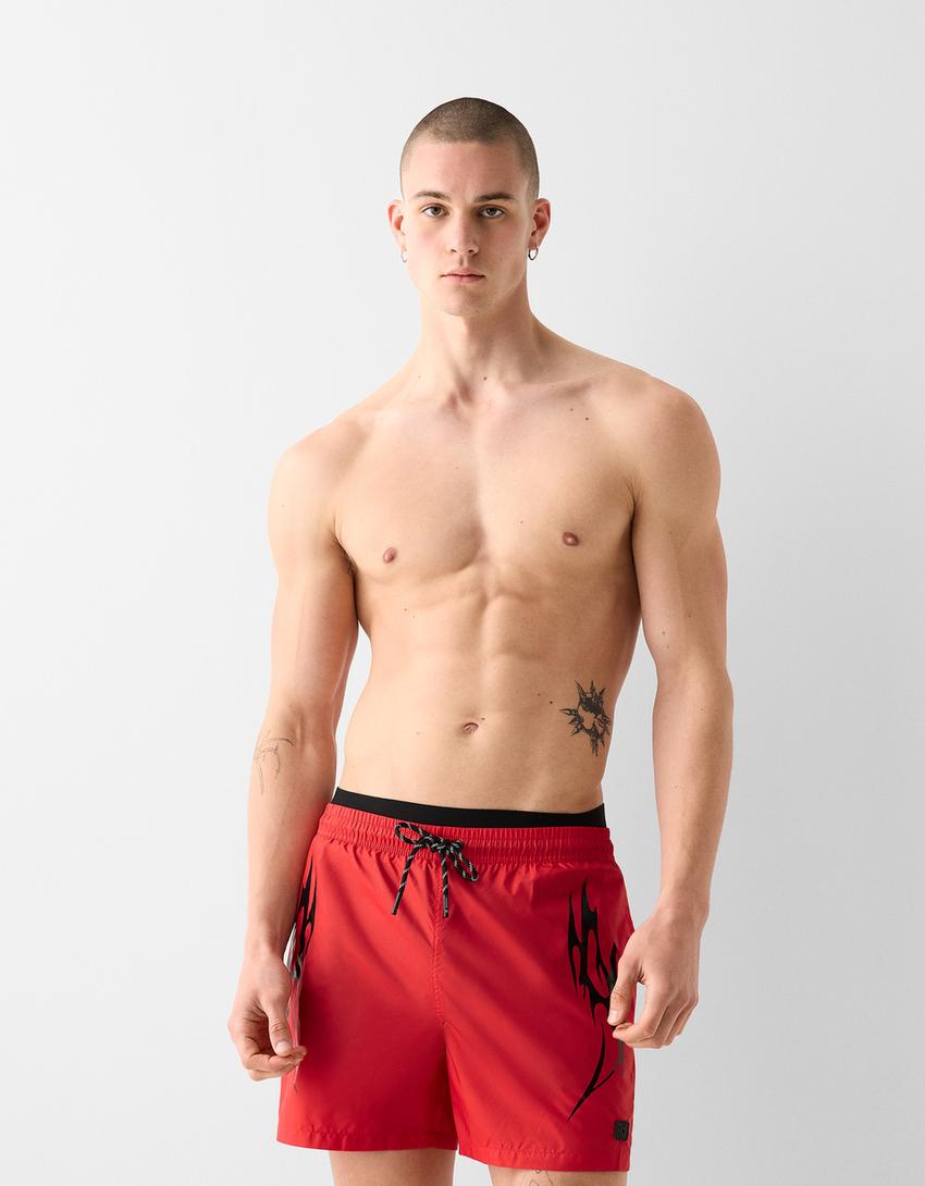 Short de bain sport imprimé-Rouge-1