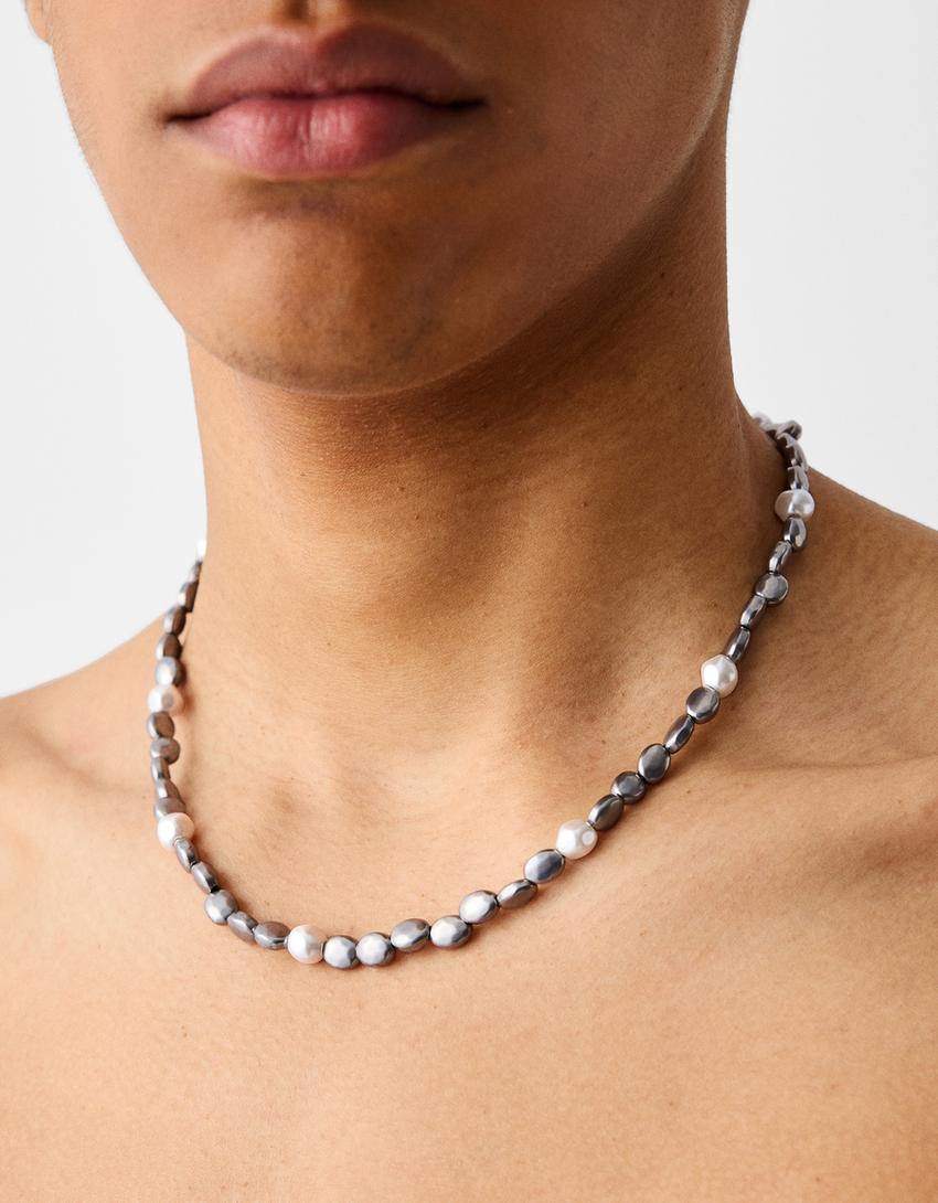 قلادة معدن لؤلؤ صناعي فولاذي مقاوم للصدأ-فضي-3