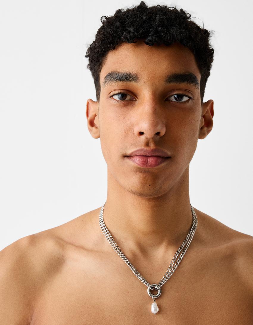 قلادة سلسلة مزدوجة من فولاذ مقاوم للصدأ ولؤلؤ صناعي-فضي-1