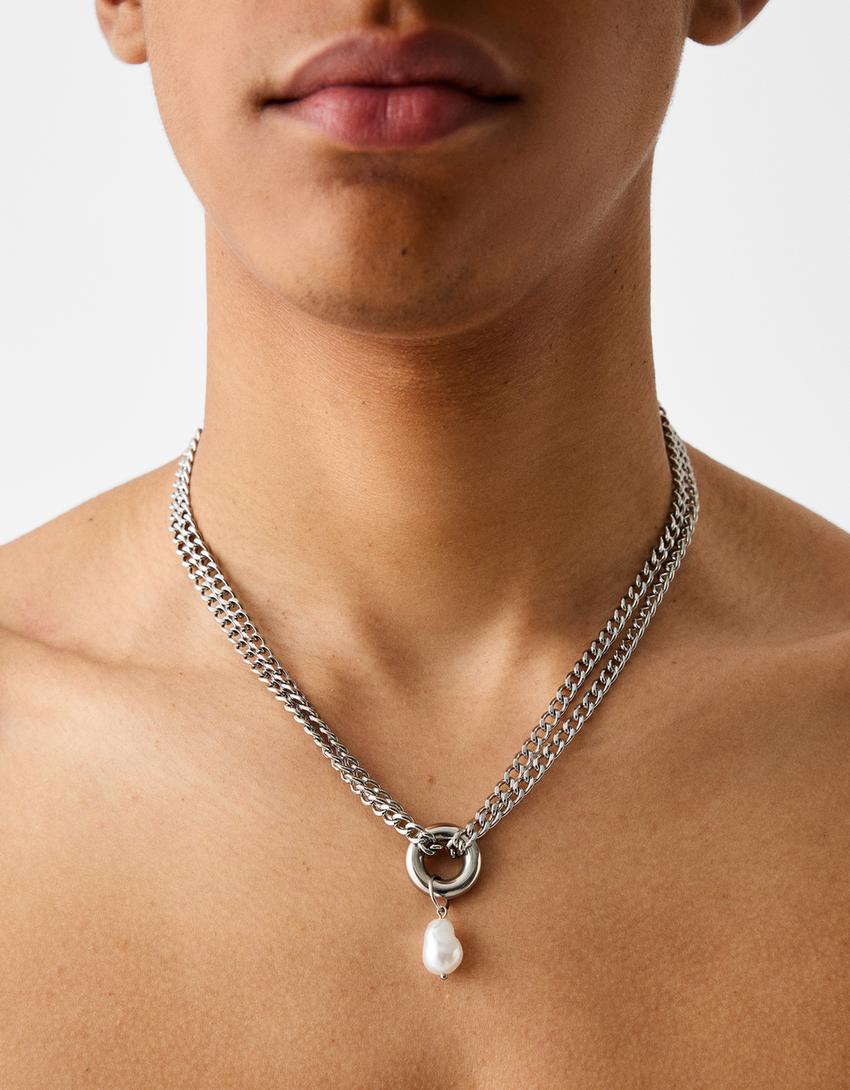 قلادة سلسلة مزدوجة من فولاذ مقاوم للصدأ ولؤلؤ صناعي-فضي-3