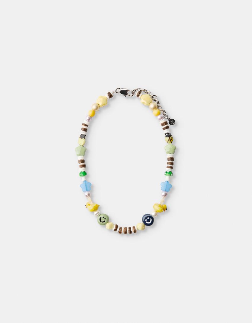 Collier perles fantaisie céramique multicolore-Jaune-0
