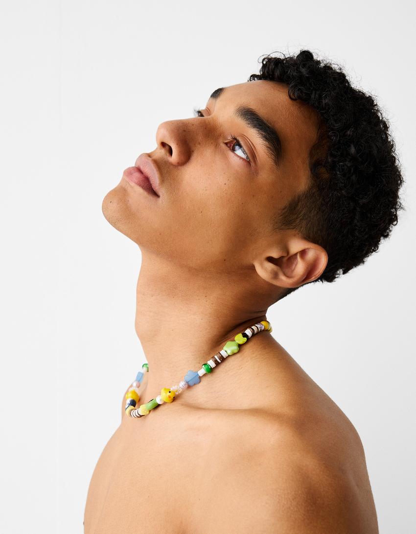 Collier perles fantaisie céramique multicolore-Jaune-1