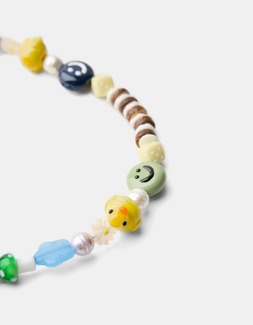 Collier perles fantaisie céramique multicolore-Jaune-2