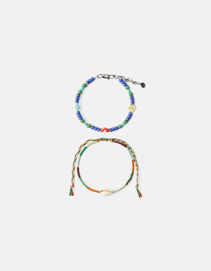 Pack 2 bracelets coquillage fleurs bois-Bleu-0