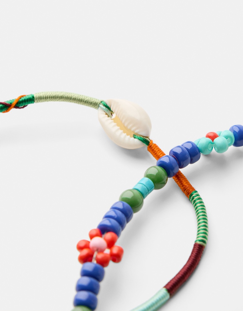 Pack 2 bracelets coquillage fleurs bois-Bleu-2