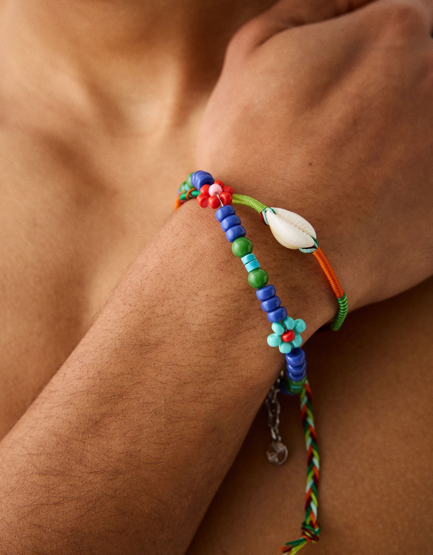 Pack 2 bracelets coquillage fleurs bois-Bleu-3