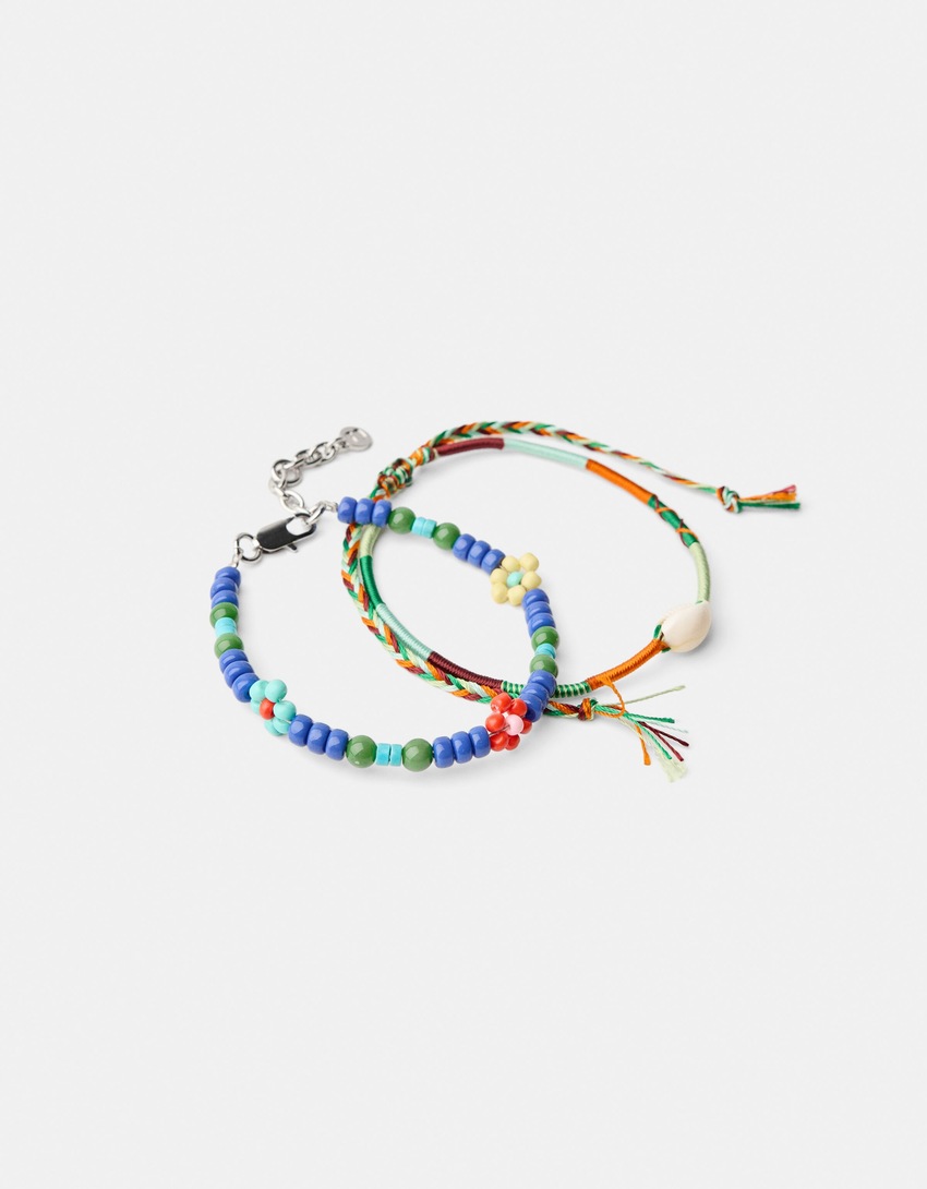 Pack 2 bracelets coquillage fleurs bois-Bleu-4