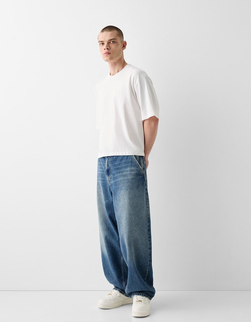 Faded-effect skater fit jeans-Blue-0