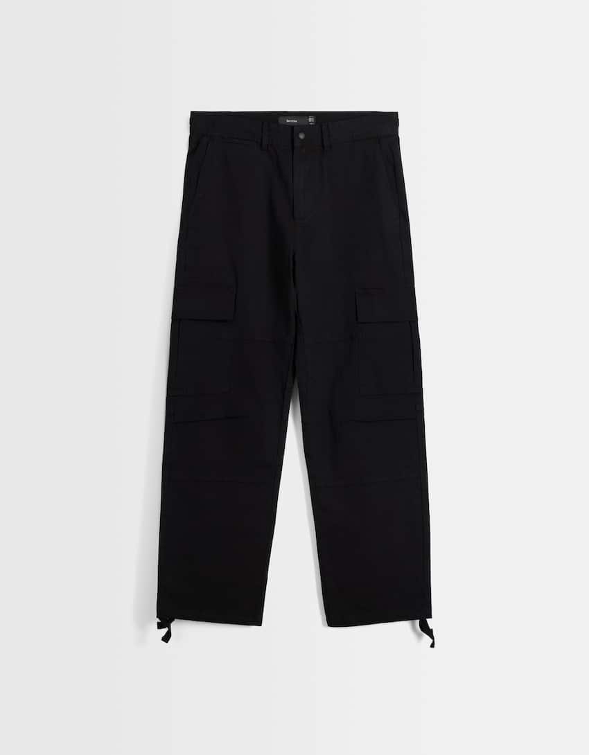 Adjustable wide-leg cargo trousers-Black-4
