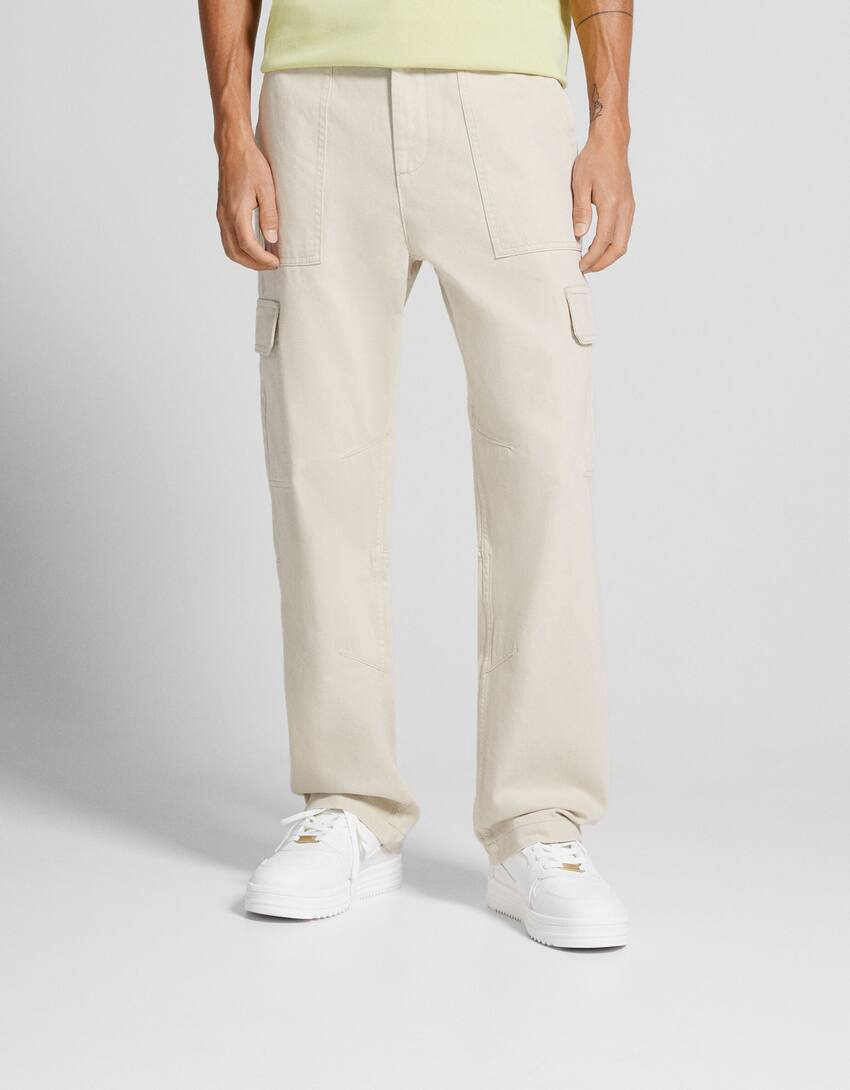 Cotton cargo trousers-Cream-1