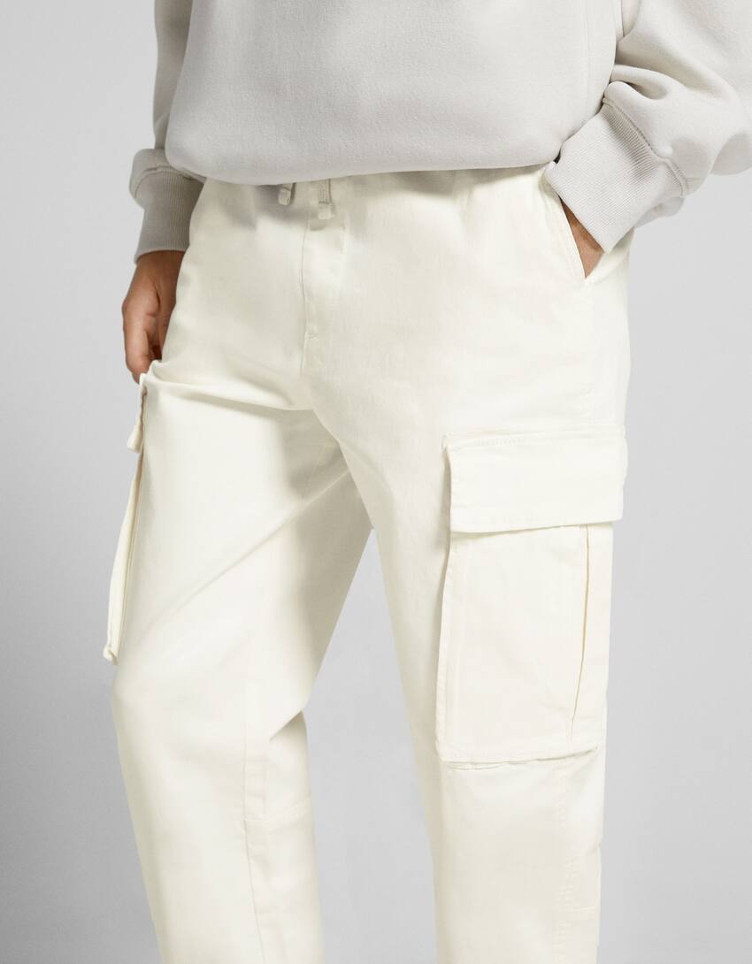 Pantalon cargo coton-Blanc cassé-3