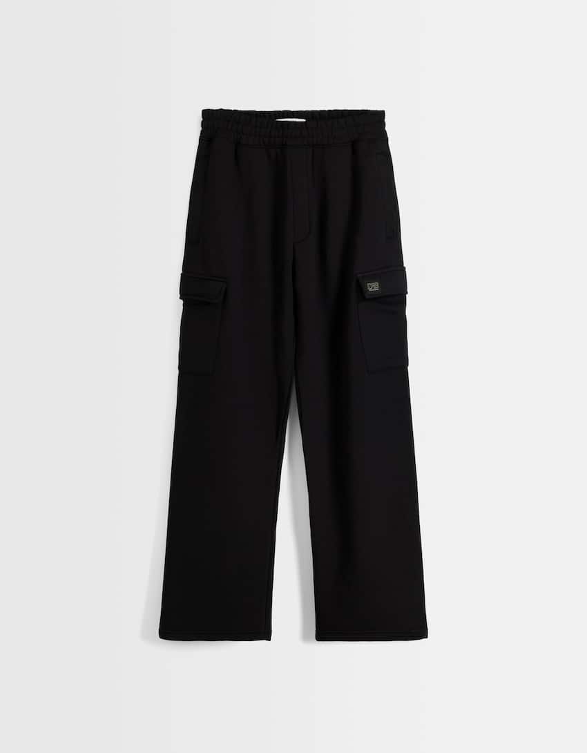 Wide-leg plush cargo trousers-Black-4