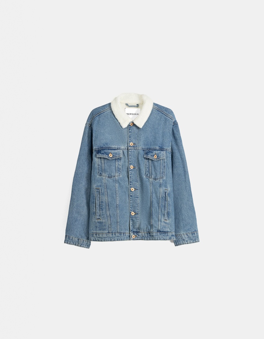 Jeansjacka med fuskpäls-Ljusblå-4
