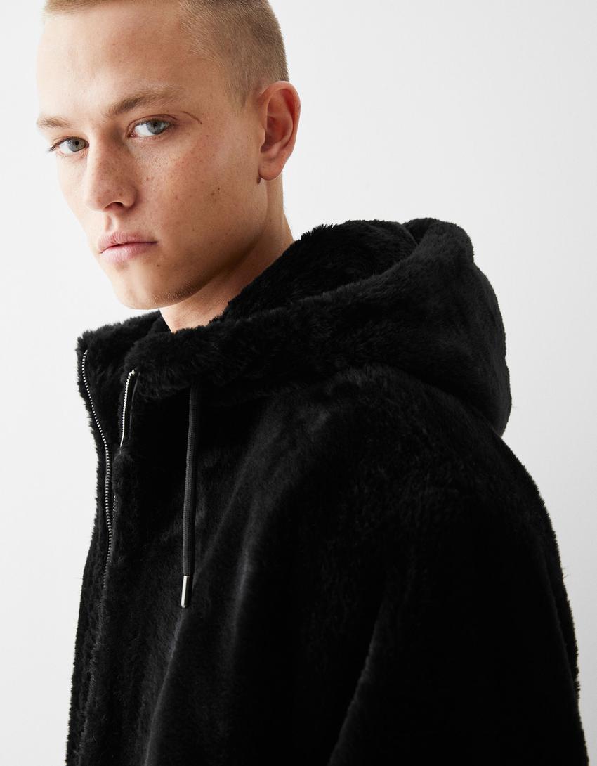 Fuzzy jacket with hood-Black-2