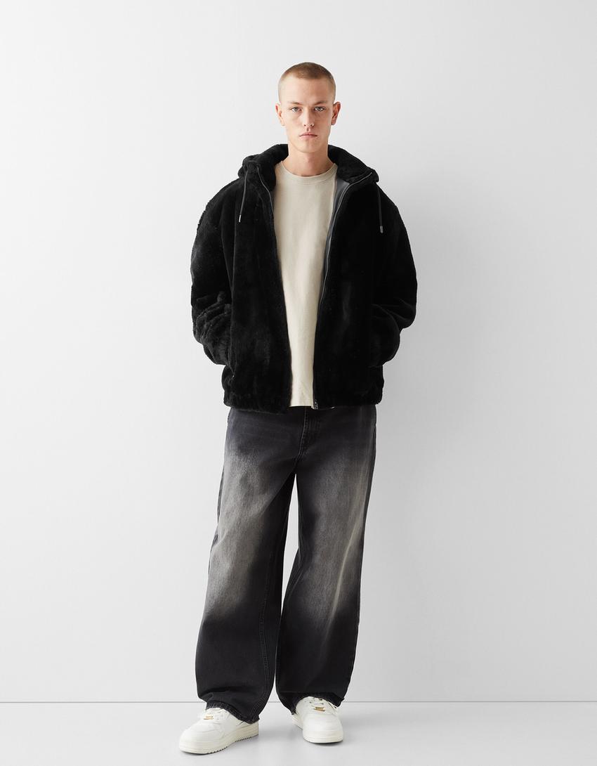 Fuzzy jacket with hood-Black-3