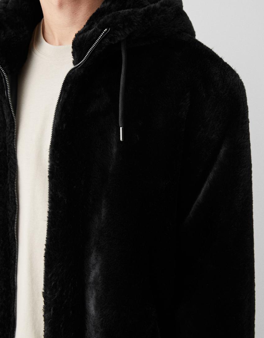 Fuzzy jacket with hood-Black-5