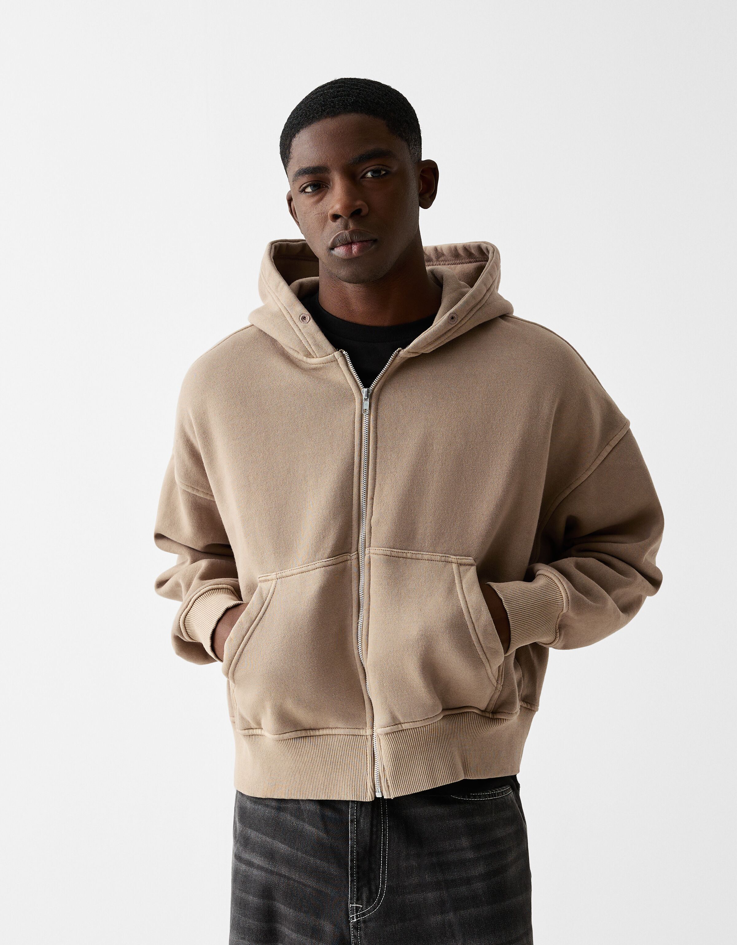 Beige cropped zip best sale hoodie