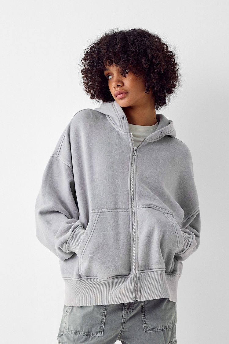 Faded-effect cropped zip-up hoodie