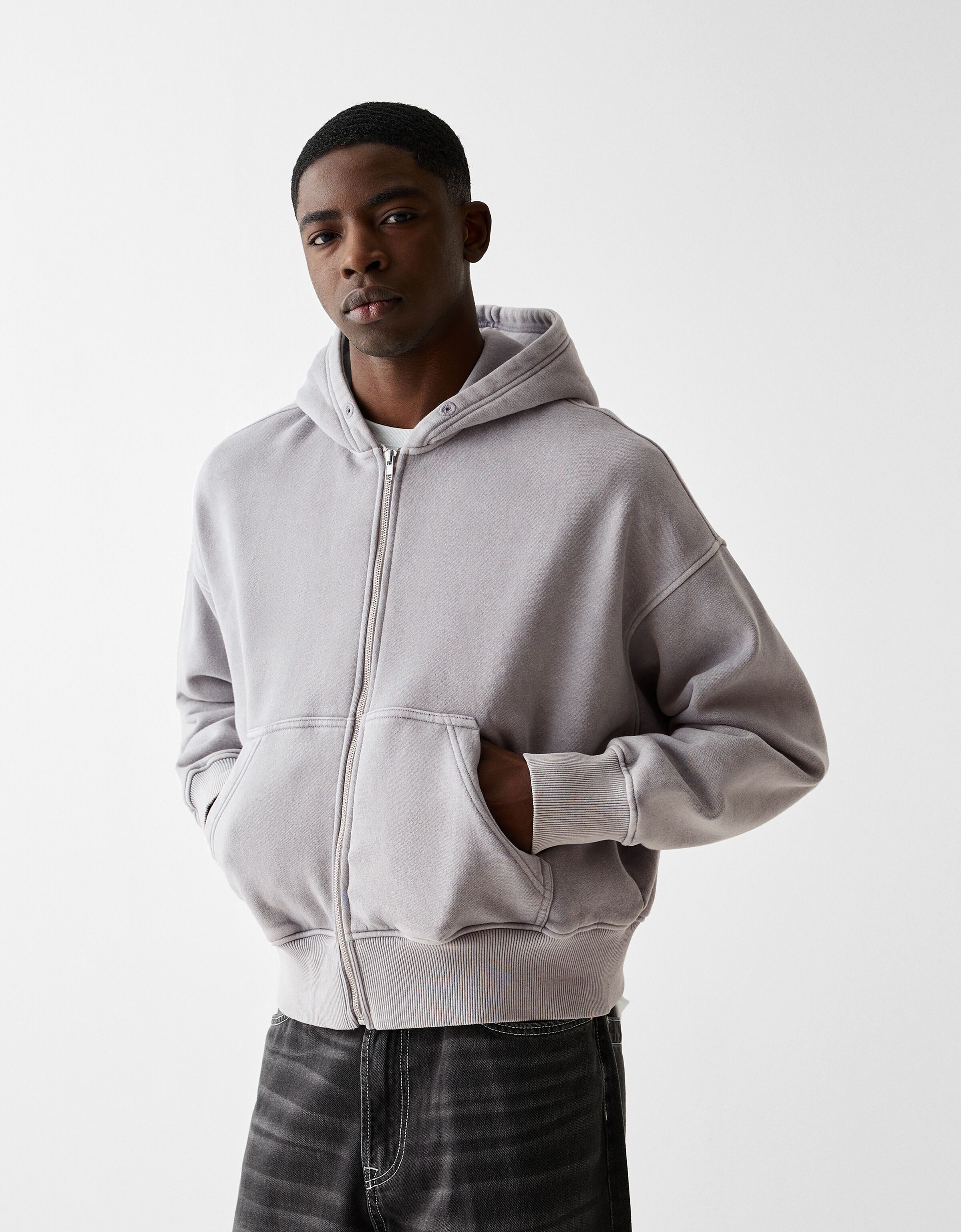 Faded cropped zip up hoodie Sweatshirts and hoodies Men Bershka