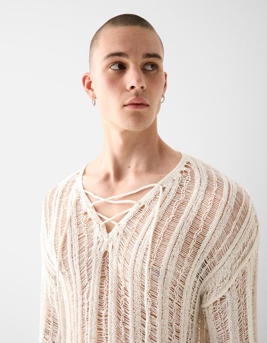 Pull manches longues cropped ajours-Blanc cassé-2