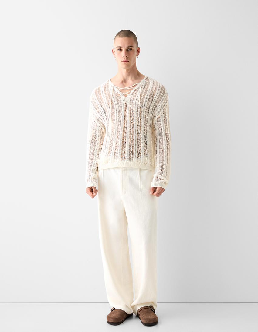 Pull manches longues cropped ajours-Blanc cassé-3